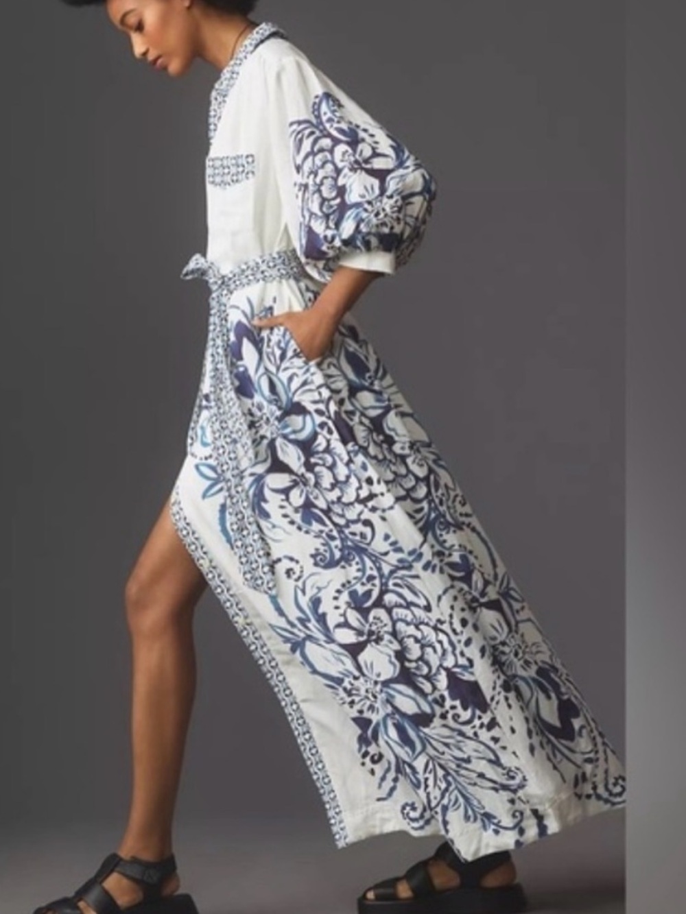 Anthropologie Maeve the Irene linen shirt Dress in blue white maxi puff sleeve
